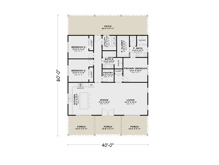 Main Floor: 3BR, 2BA, Kitchen, Dining, Living, Pantry, Ldry, WIC, 3 Porches, Patio. 10' ceilings throughout. House Plan # 4100-00052 Main Floor Floor Plan Drawing by America's Best House Plans, Inc.