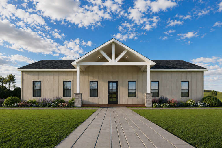 Tan Modern Farmhouse, Front Elevation, vertical siding, stone-base columns, gabled porch, black windows, lush landscaping. House Plan # 4100-00053 Digital Rendering by America's Best House Plans, Inc.