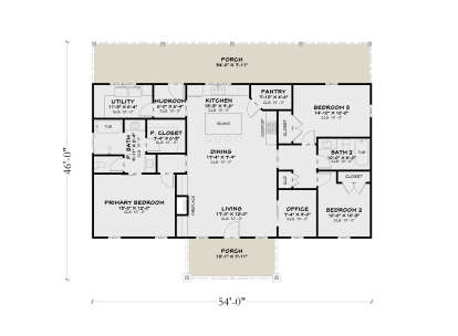 Main Floor: 3BR, 2BA, Kitchen, Dining, Living, Office, Pantry, Ldry, Mudroom, 2 Porches, Fireplace, 10' ceilings throughout. House Plan # 4100-00053 Main Floor Floor Plan Drawing by America's Best House Plans, Inc.