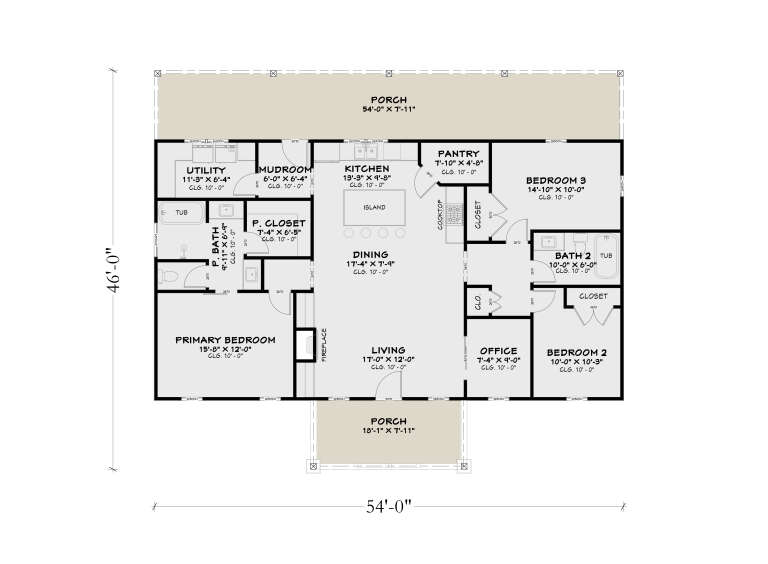 Main Floor: 3BR, 2BA, Kitchen, Dining, Living, Office, Pantry, Ldry, Mudroom, 2 Porches, Fireplace, 10' ceilings throughout. House Plan # 4100-00053 Main Floor Floor Plan Drawing by America's Best House Plans, Inc.