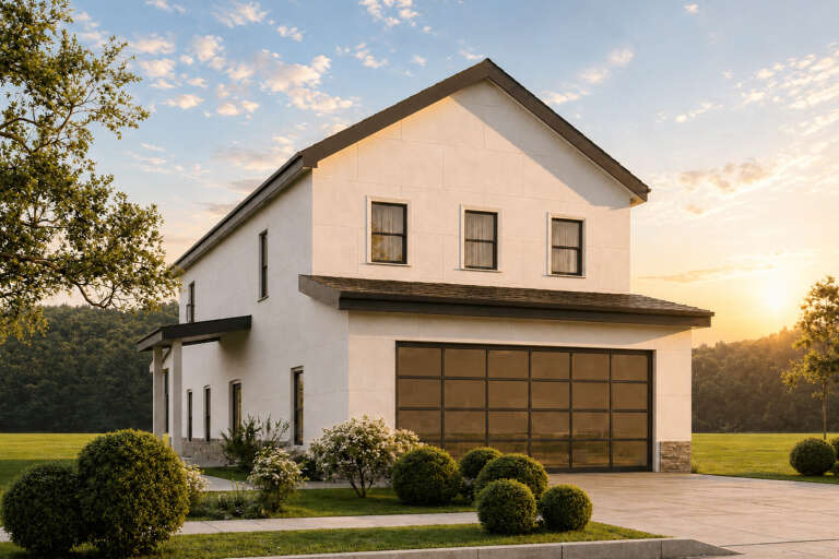White Modern Farmhouse, Angled Front Elevation, stucco siding, glass garage door, stone accents, and manicured landscaping. House Plan # 4100-00054 Digital Rendering by America's Best House Plans, Inc.