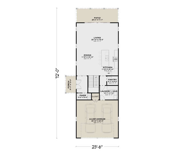 Main Floor: 0BR, 1BA, Living, Dining, Kitchen, Pantry, Ldry/Mud, 2-car garage, Porch, Patio, 10' ceilings, Stairs. House Plan # 4100-00054 Main Floor Floor Plan Drawing by America's Best House Plans, Inc.