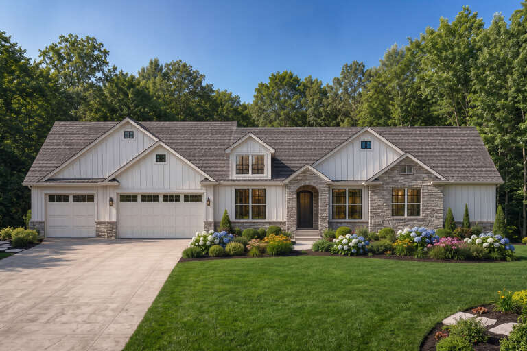 White Craftsman, Front Elevation with board-and-batten siding, stone accents, arched entryway, and lush hydrangea garden. House Plan # 8768-00220 Digital Rendering by America's Best House Plans, Inc.