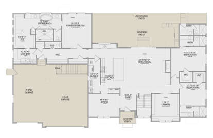 Main Floor: 3BR, 3.5BA, Great Rm, Kitchen, Dining, Library, Mud, Ldry, 2-car garage, 2 Patios, Porch. Coffered ceilings. House Plan # 8768-00220 Main Floor Floor Plan Drawing by America's Best House Plans, Inc.