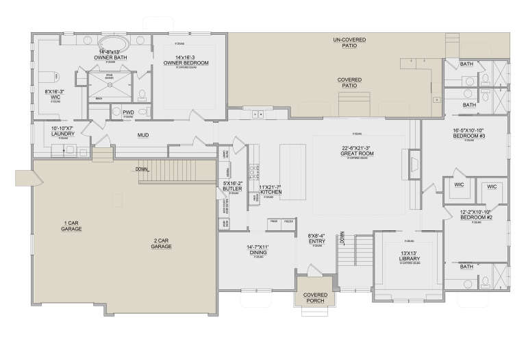 Main Floor: 3BR, 3.5BA, Great Rm, Kitchen, Dining, Library, Mud, Ldry, 2-car garage, 2 Patios, Porch. Coffered ceilings. House Plan # 8768-00220 Main Floor Floor Plan Drawing by America's Best House Plans, Inc.