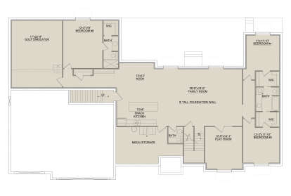 Basement: 3BR, 2BA, Family, Snack Kitchen, Nook, Play Room, Golf Simulator, Mech/Storage, 3 WIC, 2 sets of stairs. House Plan # 8768-00220 Basement Floor Plan Drawing by America's Best House Plans, Inc.