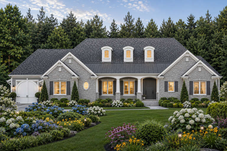 Grey French Country, Front Elevation with stone siding, dormers, arched garage door, lush garden, and lit windows. House Plan # 8768-00221 Digital Rendering by America's Best House Plans, Inc.