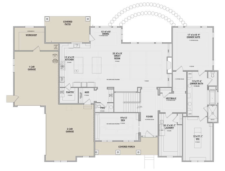Main Floor: 1BR, 1.5BA, Great Rm, Kitchen, Dining, Den, Pantry, Mud, Ldry, WIC, 3-car garage, Workshop, Patio, Porch, Stairs. House Plan # 8768-00221 Main Floor Floor Plan Drawing by America's Best House Plans, Inc.