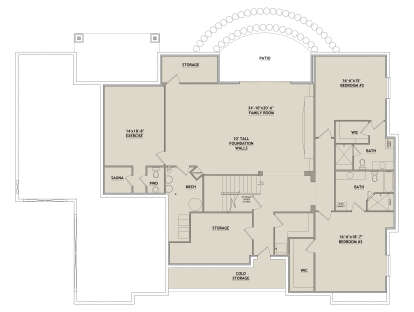 Basement: 2 BR, 2 BA, Family, Exercise, Sauna, PWD, Mech, 2 Storage, Cold Storage, WIC, Stairs, Patio. 10' foundation walls. House Plan # 8768-00221 Basement Floor Plan Drawing by America's Best House Plans, Inc.