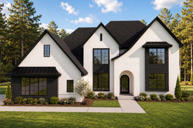 White Contemporary, Front Elevation with brick siding, black metal roof, arched entryway, and manicured garden landscaping. House Plan # 5105-00023 Digital Rendering by America's Best House Plans, Inc.