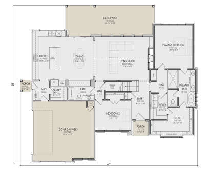 Main Floor: 2BR, 2BA, Vaulted Living, Kitchen, Dining, Pantry, Mud, Ldry, 2-car garage, 2 Porches, Cov. Patio, FP, Stairs. House Plan # 5105-00023 Main Floor Floor Plan Drawing by America's Best House Plans, Inc.