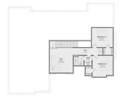 Second Floor: 2 BR, 1 BA, Loft, Hall, stairs, linen & 3 reach-in closets. 9' ceilings throughout. House Plan # 5105-00023 Second Floor Floor Plan Drawing by America's Best House Plans, Inc.