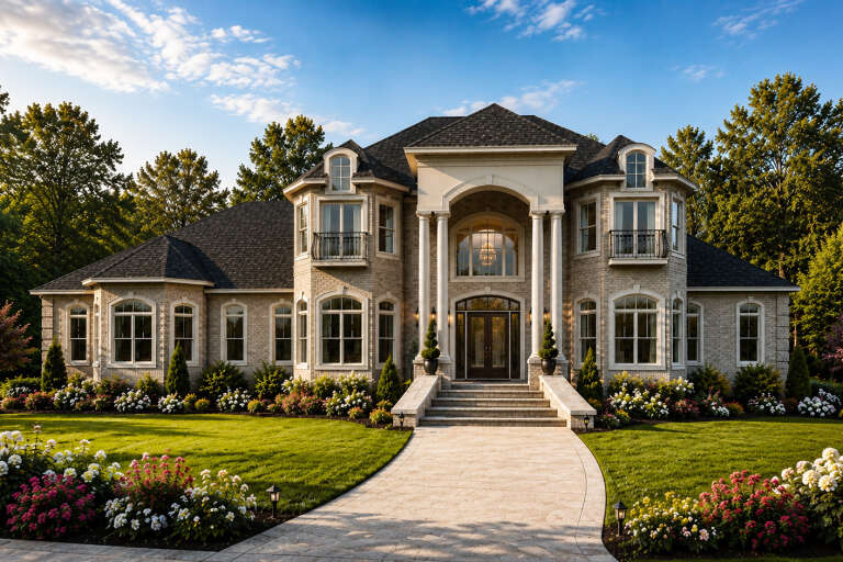 Beige European Front Elevation, brick siding, grand columns, arched windows, stone walkway, lush landscaping, and lanterns. House Plan # 1070-00375 Digital Rendering by America's Best House Plans, Inc.