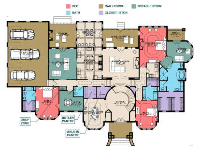 Main Floor: 3BR, 3.5BA, Foyer, Dining, Kitchen, Brkfst, Family, Game, Sitting, Butler/WIC Pantry, 3-car garage, 3 Porches. House Plan # 1070-00375 Main Floor Floor Plan Drawing by America's Best House Plans, Inc.