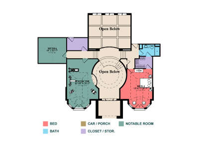 Second Floor: 1BR, 1BA, Media, Exercise room, WIC, storage. Open below areas, tray ceilings in Exercise and Bed 4. House Plan # 1070-00375 Second Floor Floor Plan Drawing by America's Best House Plans, Inc.