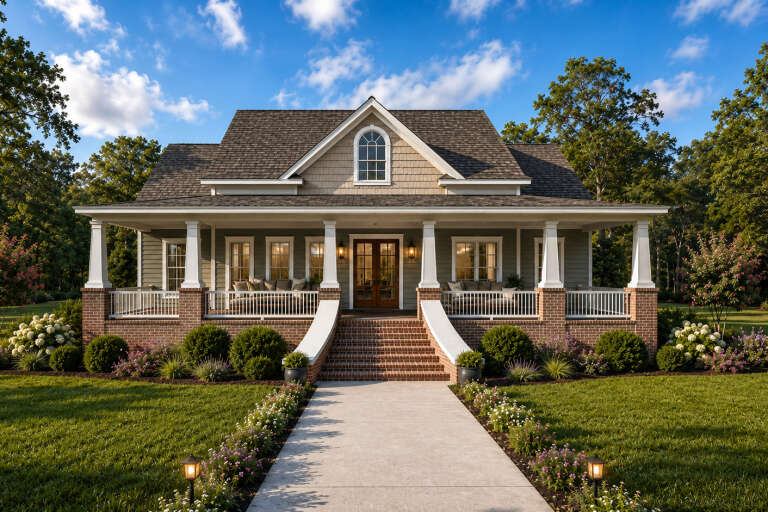 Sage Green Southern Front Elevation, lap siding, brick foundation, wrap-around porch, arched window, and lush landscaping. House Plan # 1070-00376 Digital Rendering by America's Best House Plans, Inc.