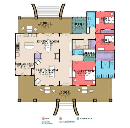 Main Floor: 3BR, 2BA, Family, Dining, Brkfst, 2 Offices, Ldry, 2 Porches, WIC, 12' ceilings. Unheated: Porch areas. House Plan # 1070-00376 Main Floor Floor Plan Drawing by America's Best House Plans, Inc.