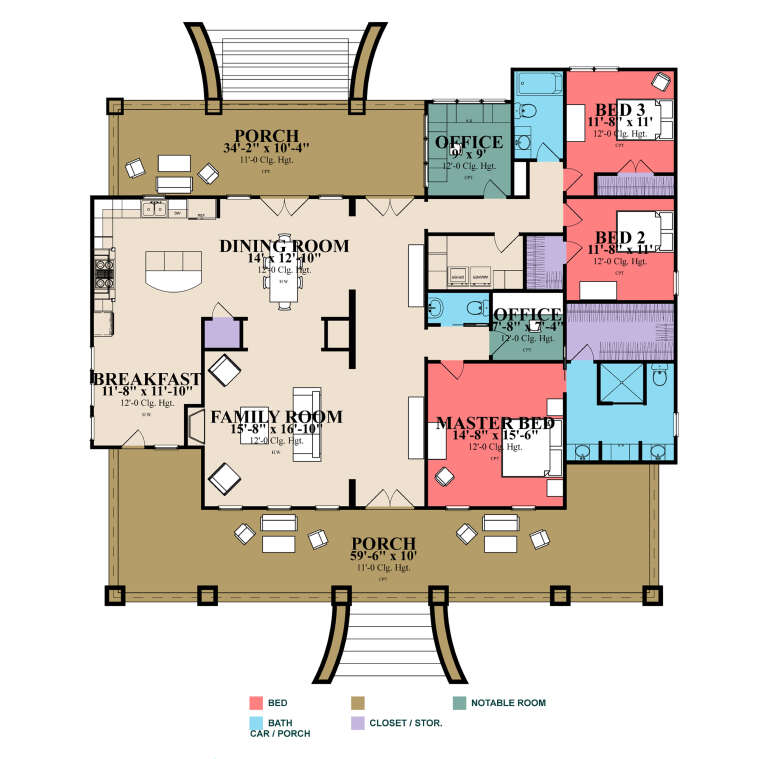 Main Floor: 3BR, 2BA, Family, Dining, Brkfst, 2 Offices, Ldry, 2 Porches, WIC, 12' ceilings. Unheated: Porch areas. House Plan # 1070-00376 Main Floor Floor Plan Drawing by America's Best House Plans, Inc.