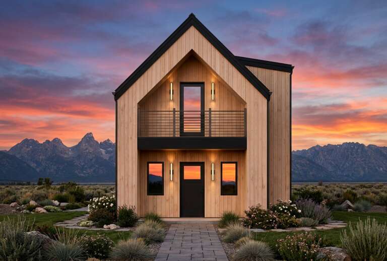 Tan Modern Front Elevation, vertical wood siding, black trim, balcony, wall sconces, sunset sky, stone path, landscaping. House Plan # 7983-00200 Digital Rendering by America's Best House Plans, Inc.