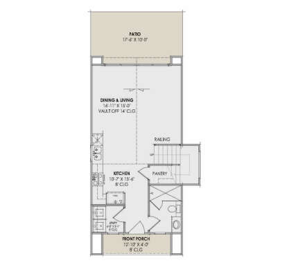 Main Floor: Kitchen, Pantry, Vaulted Dining/Living, 1/2 BA, Ldry, Front Porch, Patio, Stairs. Unheated: Porch, Patio. House Plan # 7983-00200 Main Floor Floor Plan Drawing by America's Best House Plans, Inc.