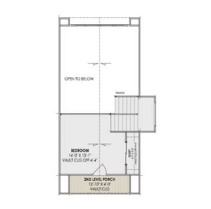 Second Floor: 1BR, 1 closet, stairs, 2nd level porch, open to below area. Vaulted ceilings in bedroom and porch. House Plan # 7983-00200 Second Floor Floor Plan Drawing by America's Best House Plans, Inc.