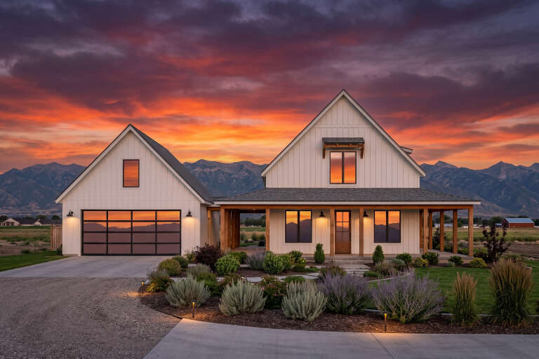 White Modern Farmhouse, Front Elevation at Dusk, board-and-batten siding, wood porch, lit windows, and desert landscaping. House Plan # 7983-00201 Digital Rendering by America's Best House Plans, Inc.