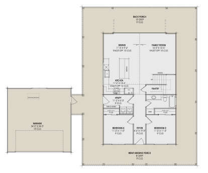 Main Floor: 2BR, 1BA, Kitchen, Dining, Family, Foyer, Ldry, Pantry. 2-car garage, wrap-around & back porches. Vaulted ceilings. House Plan # 7983-00201 Main Floor Floor Plan Drawing by America's Best House Plans, Inc.