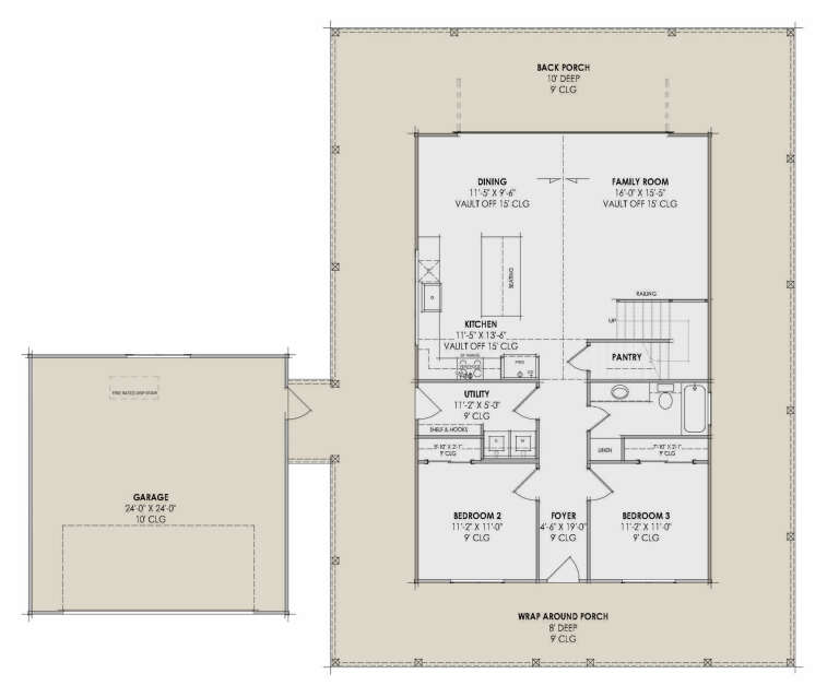 Main Floor: 2BR, 1BA, Kitchen, Dining, Family, Foyer, Ldry, Pantry. 2-car garage, wrap-around & back porches. Vaulted ceilings. House Plan # 7983-00201 Main Floor Floor Plan Drawing by America's Best House Plans, Inc.