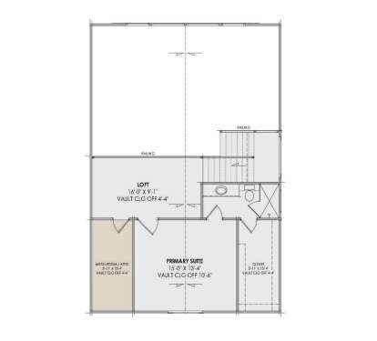 Second Floor: 1BR, 1BA, Loft, Mech/Attic, Closet. Vaulted ceilings throughout. Stairs with railing overlooking lower level. House Plan # 7983-00201 Second Floor Floor Plan Drawing by America's Best House Plans, Inc.