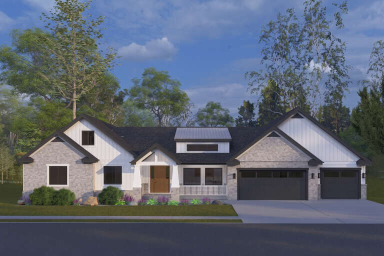 White and grey stone Front Elevation, vertical siding, dark roof, wooden door, black garage doors, and lush landscaping. House Plan # 2802-00567 Digital Rendering by America's Best House Plans, Inc.