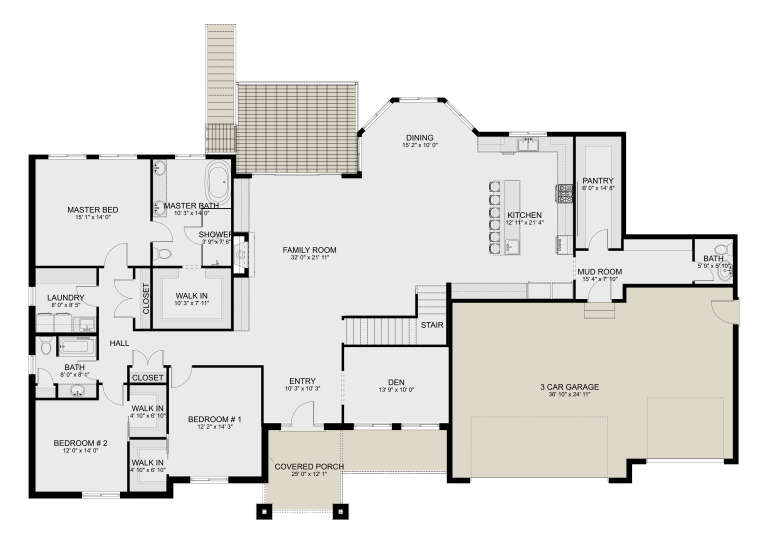 Main Floor: 3BR, 3BA, Family, Kitchen, Dining, Den, Ldry, Mud, Pantry, 3-car garage, WICs, Stairs, Covered Porch, Deck. House Plan # 2802-00567 Main Floor Floor Plan Drawing by America's Best House Plans, Inc.