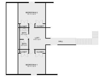 Second Floor: 2 BR, 1 BA, Loft, Hall, 4 Closets, Stairs. House Plan # 2802-00567 Second Floor Floor Plan Drawing by America's Best House Plans, Inc.