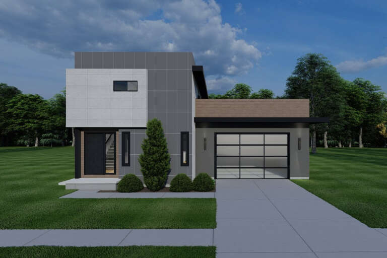 Grey Modern Front Elevation, concrete panel siding, wood accents, glass garage door, sconce lighting, manicured shrubs. House Plan # 7140-00003 Digital Rendering by America's Best House Plans, Inc.