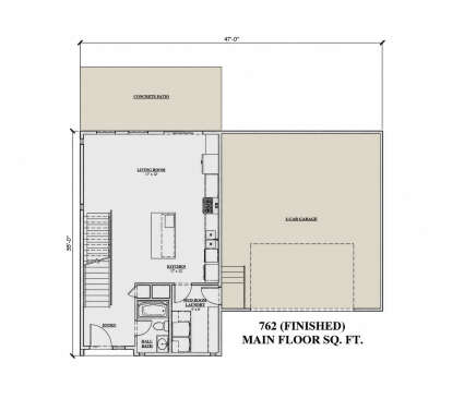 Main Floor: 1BA, Living, Kitchen, Mud room, Ldry, 2-car garage, stairs, patio. 762 sq ft finished, unheated garage/patio. House Plan # 7140-00003 Main Floor Floor Plan Drawing by America's Best House Plans, Inc.