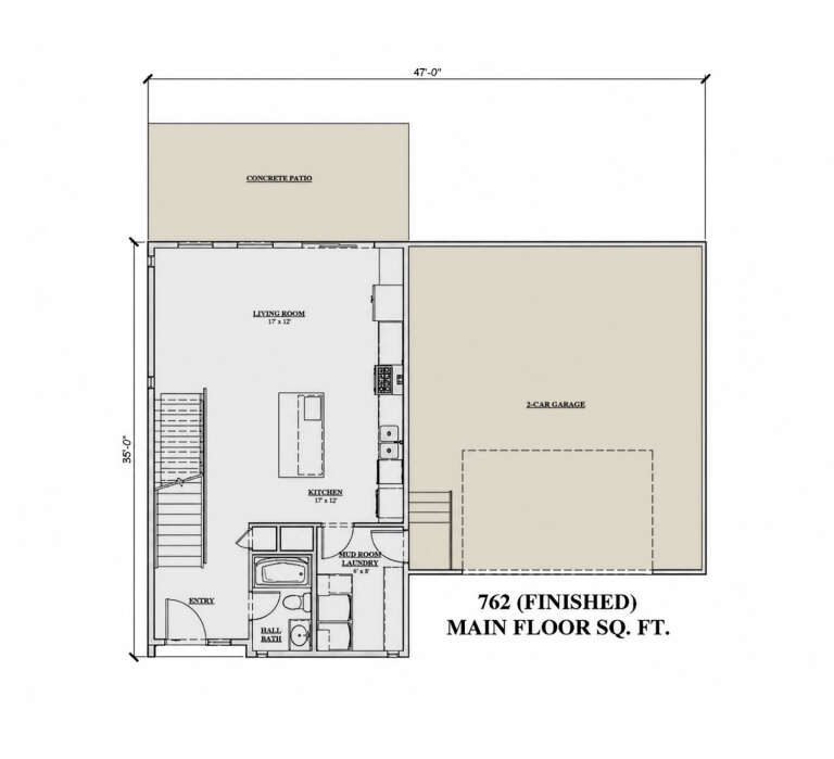 Main Floor: 1BA, Living, Kitchen, Mud room, Ldry, 2-car garage, stairs, patio. 762 sq ft finished, unheated garage/patio. House Plan # 7140-00003 Main Floor Floor Plan Drawing by America's Best House Plans, Inc.