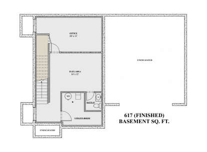Basement: Office, Flex Area, 1 BA, Utility Room, Stairs. Unheated: large unexcavated area. 617 sq. ft. finished space. House Plan # 7140-00003 Basement Floor Plan Drawing by America's Best House Plans, Inc.