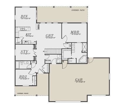 Main Floor: 2BR, 2BA, Grt Room, Kit, Din, Sty, Ldry, Drop Zone, Pantry, 3-car garage, Covered Patio, Covered Porch, FP. House Plan # 5244-00028 Main Floor Floor Plan Drawing by America's Best House Plans, Inc.