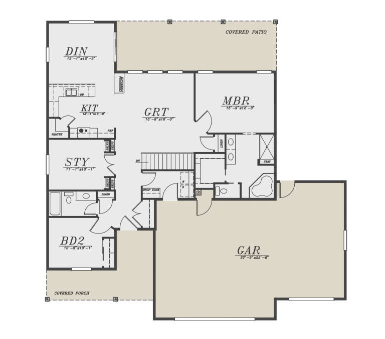 Main Floor: 2BR, 2BA, Grt Room, Kit, Din, Sty, Ldry, Drop Zone, Pantry, 3-car garage, Covered Patio, Covered Porch, FP. House Plan # 5244-00028 Main Floor Floor Plan Drawing by America's Best House Plans, Inc.