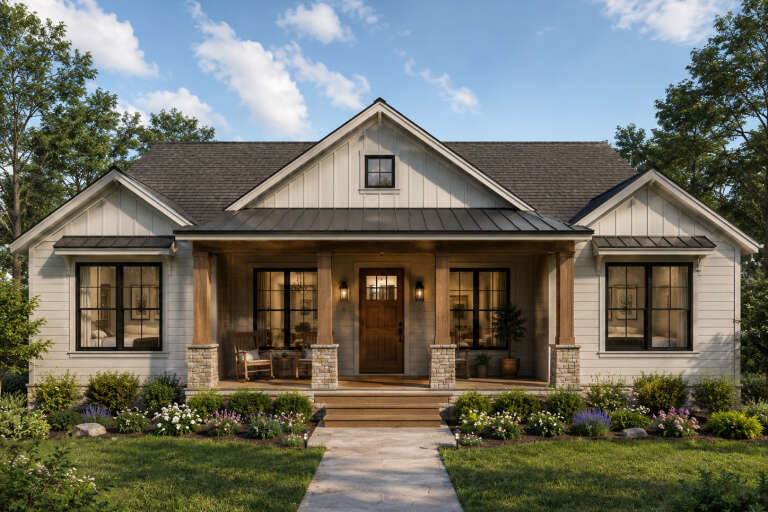 White Modern Farmhouse, Front Elevation, board-and-batten siding, stone base, wood columns, metal roof, lantern lighting. House Plan # 8318-00499 Digital Rendering by America's Best House Plans, Inc.