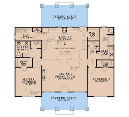 Main Floor: 2BR, 2BA, Vaulted Great Room/Dining, Kitchen, Pantry, Ldry. 2 Porches, Gas FP, Attic Stairs, WIC, Linen closets. House Plan # 8318-00499 Main Floor Floor Plan Drawing by America's Best House Plans, Inc.