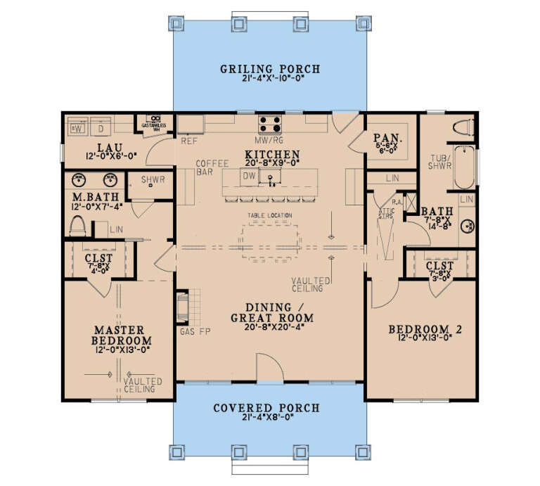 Main Floor: 2BR, 2BA, Vaulted Great Room/Dining, Kitchen, Pantry, Ldry. 2 Porches, Gas FP, Attic Stairs, WIC, Linen closets. House Plan # 8318-00499 Main Floor Floor Plan Drawing by America's Best House Plans, Inc.