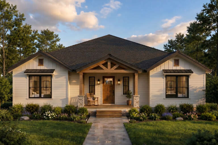 White Modern Farmhouse, Front Elevation, horizontal siding, stone base, wooden porch, black fixtures, lush landscaping. House Plan # 8318-00500 Digital Rendering by America's Best House Plans, Inc.