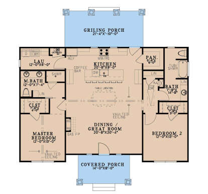 Main Floor: 2BR, 2BA, Vaulted Great Room/Dining, Kitchen, Pantry, Ldry, Gas FP, Attic Stairs, Grilling & Covered Porches. House Plan # 8318-00500 Main Floor Floor Plan Drawing by America's Best House Plans, Inc.