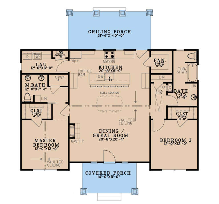 Main Floor: 2BR, 2BA, Vaulted Great Room/Dining, Kitchen, Pantry, Ldry, Gas FP, Attic Stairs, Grilling & Covered Porches. House Plan # 8318-00500 Main Floor Floor Plan Drawing by America's Best House Plans, Inc.