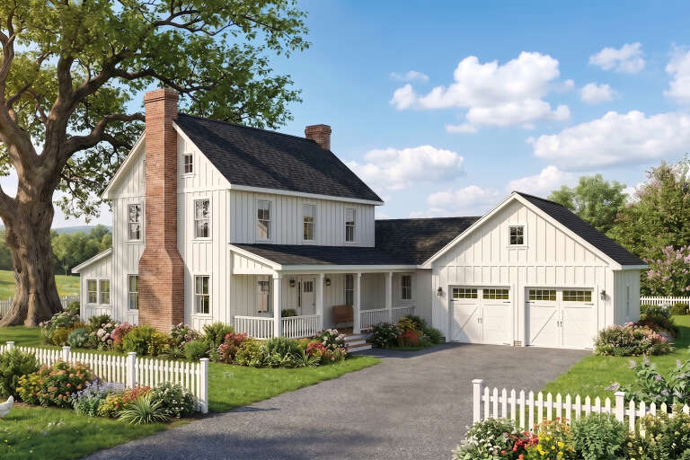 White Modern Farmhouse, Angled Left Elevation, board-and-batten siding, brick chimney, porch, and white picket fence. House Plan # 8318-00501 Digital Rendering by America's Best House Plans, Inc.