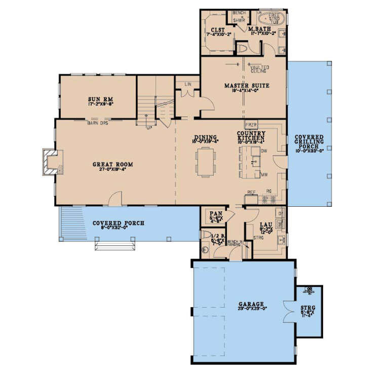 Main Floor: 1BR, 1.5BA, Great Rm, Sun Rm, Kitchen, Dining, Ldry, Pantry, 2-car garage, 2 porches, fireplace, vaulted MBR. House Plan # 8318-00501 Main Floor Floor Plan Drawing by America's Best House Plans, Inc.