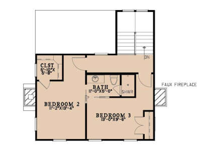 Second Floor: 2 BR, 1 BA, closets, stairs, faux fireplace. House Plan # 8318-00501 Second Floor Floor Plan Drawing by America's Best House Plans, Inc.