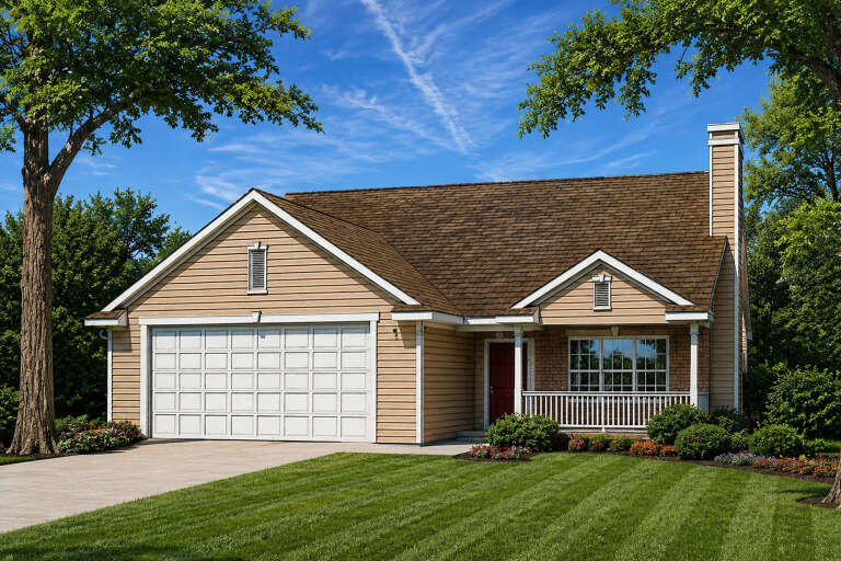 Tan Traditional, Angled Front Elevation, lap siding, brick accents, red door, white porch railing, and lush landscaping. House Plan # 402-01920 Digital Rendering by America's Best House Plans, Inc.