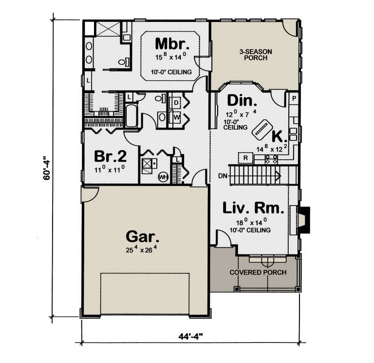 Main Floor: 2BR, 2BA, Liv Rm, Kitchen, Dining, Ldry, 2-car garage, 3-season porch, covered porch, fireplace, 10' ceilings. House Plan # 402-01920 Main Floor  Floor Plan Drawing by America's Best House Plans, Inc.
