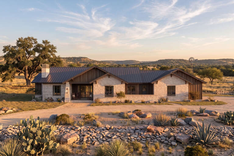 Tan Modern Transitional, Front Elevation, stone and vertical wood siding, metal roof, desert landscaping, porch rockers. House Plan # 963-01316 Digital Rendering by America's Best House Plans, Inc.